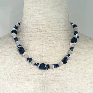 Sterling Silver 925 Sodalite Quartz MOP Blue Goldstone Beaded Necklace 17.5"